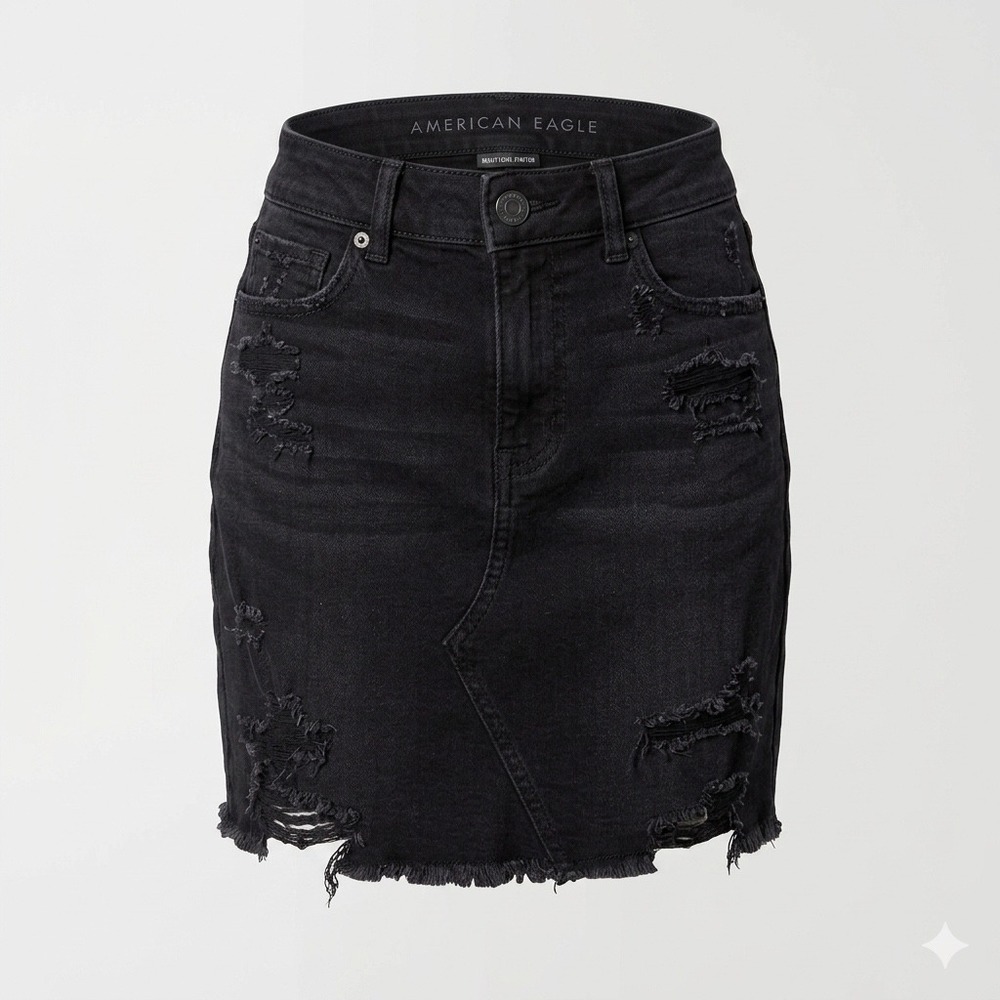 American Eagle‎ Black Distressed Denim Jean Mini Skirt Stretch Size 0 Raw Hem